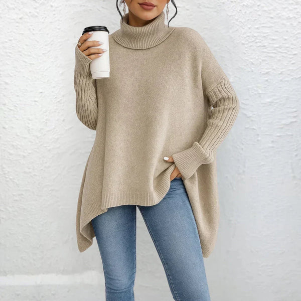 Women's Roll Neck Jumper, Asymmetric Hem Oversized
