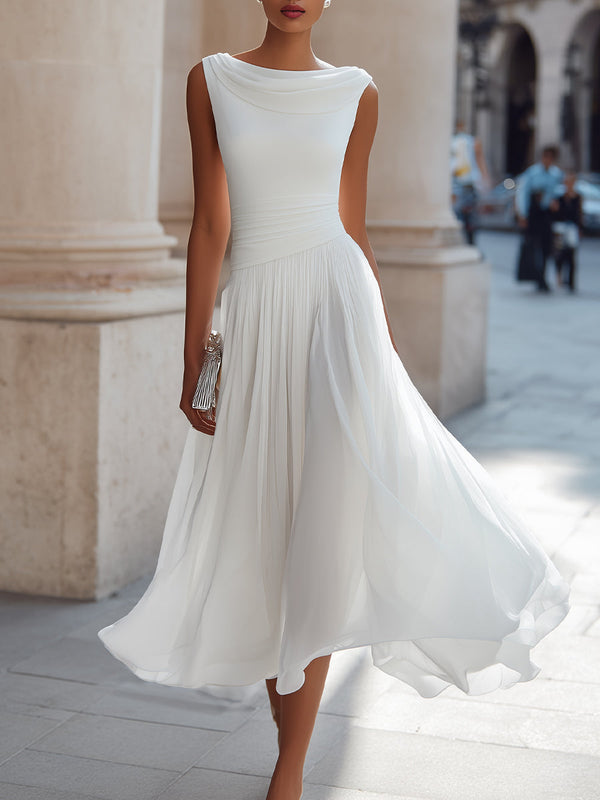 Pleated Midi Dress Draped Neck Sleeveless Fitted