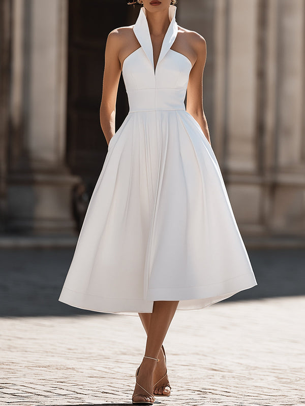 A-Line Midi Dress Structured Halter Collar Fitted