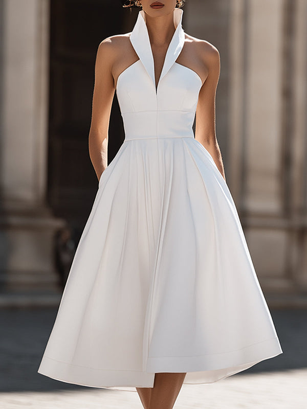 A-Line Midi Dress Structured Halter Collar Fitted