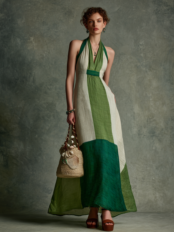 Women's Linen Cotton Halter V-Neck Maxi Dress Color Block Green White