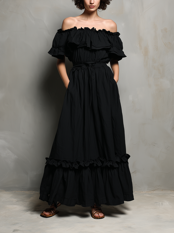 Women's Black Cotton Linen A-Line Dress Off-Shoulder Ruffle Detail