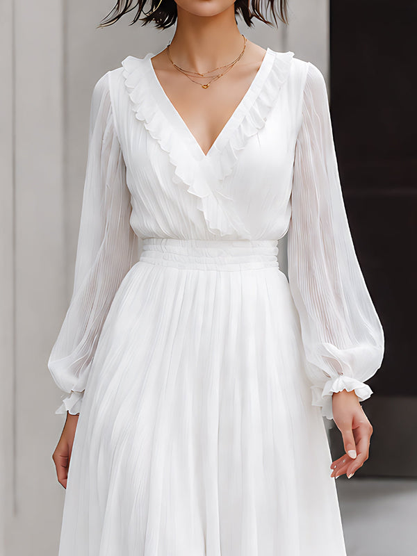 Pleated Maxi Dress Ruffle Trim Flowy Fit
