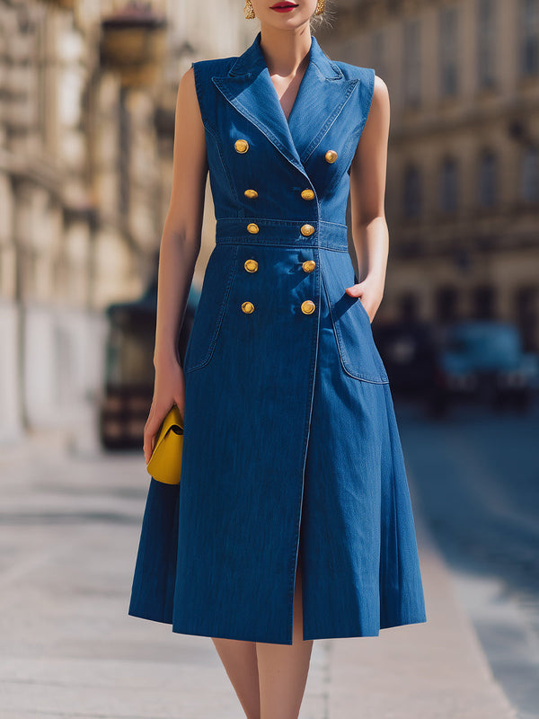 Denim Midi Trench Dress Sleeveless Double-Breasted