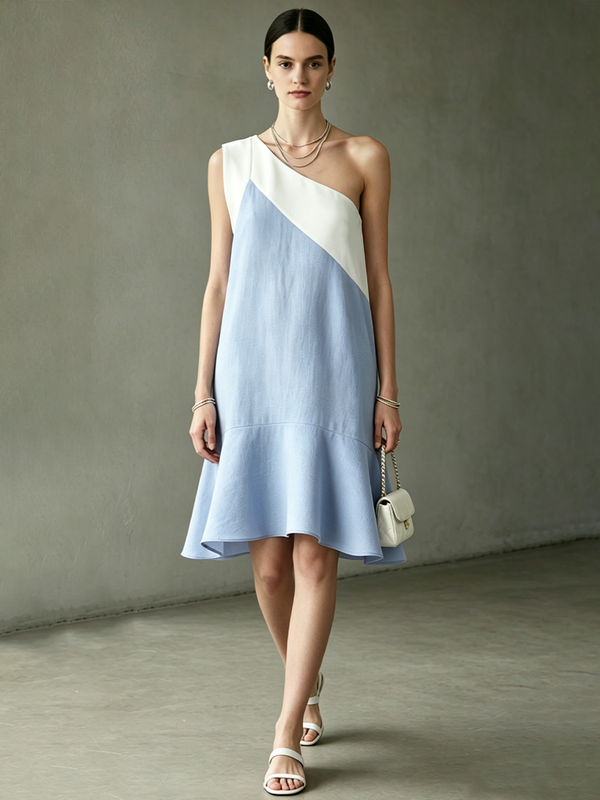 Women's Light Blue White Color Block Midi Dress One-Shoulder Asymmetric Flounce Hem