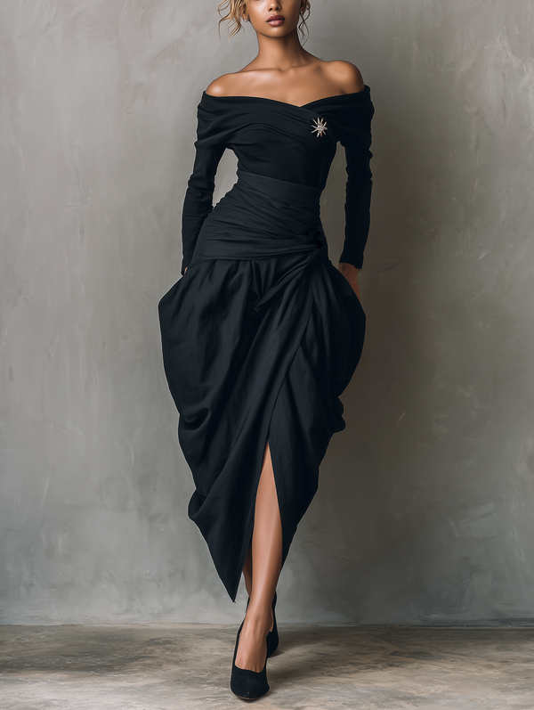Women's Black Off-Shoulder Midi Dress Stretch Knit Woven Casual