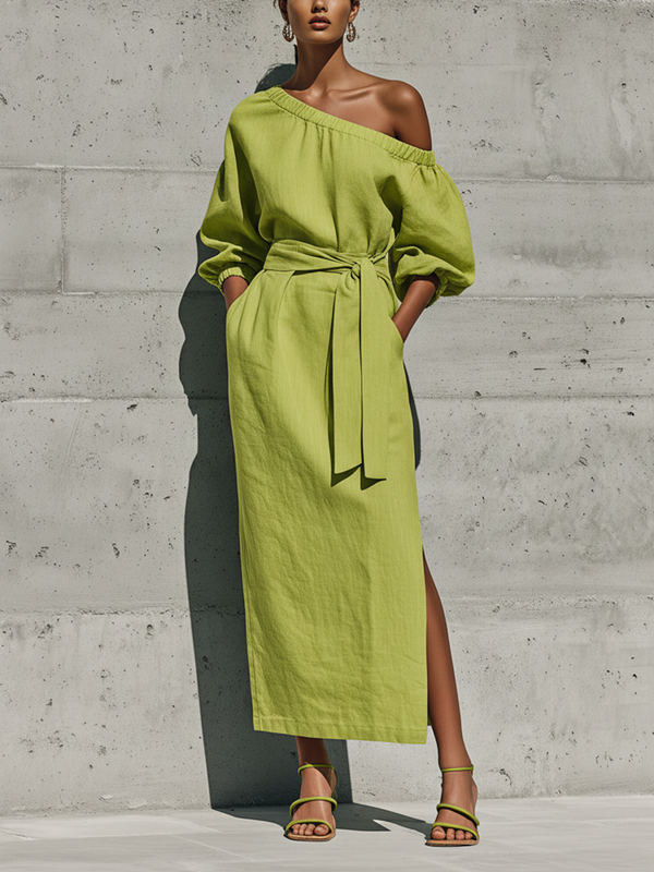 Women's Lime Green Linen Blend Off-Shoulder Midi Dress Puff Sleeve Side Slit