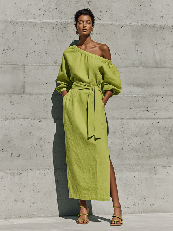 Women's Lime Green Linen Blend Off-Shoulder Midi Dress Puff Sleeve Side Slit