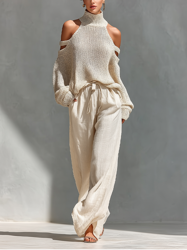 Beige Knit Cold-Shoulder Turtleneck Top and Wide-Leg Pants Set