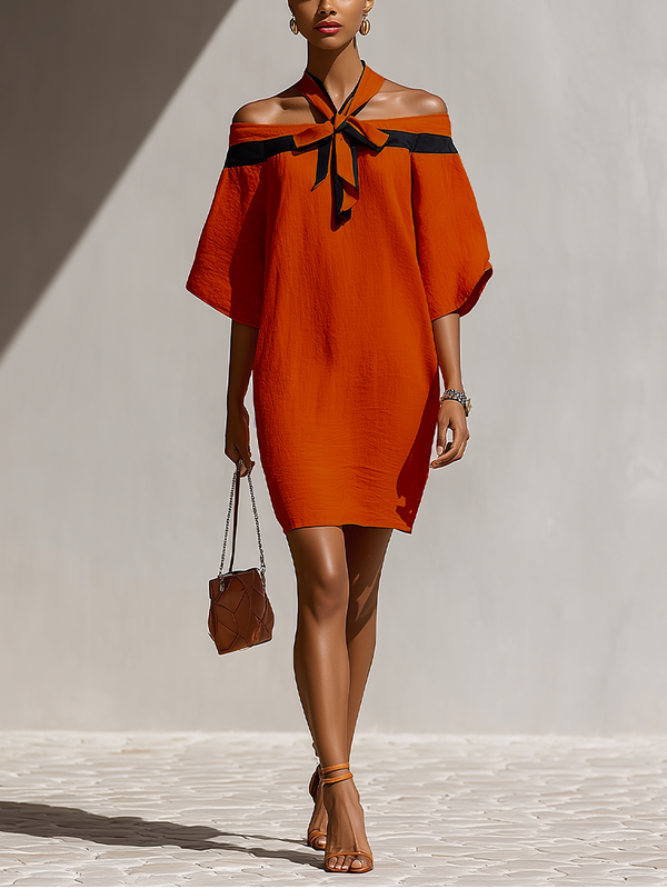 Women's Orange Off-Shoulder Mini Dress Black Bow Neck Detail