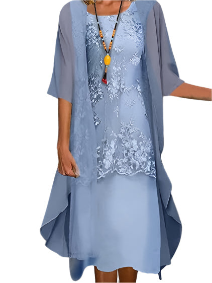 Women's Wedding Guest Midi Dress Sheer Sleeve Flowing