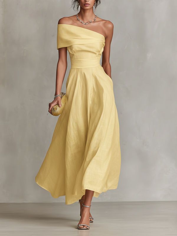 Women's Linen Maxi Dress One Shoulder Relaxed