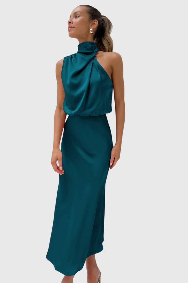 Satin Halter Dress Sleeveless Glamorous Formal Fit