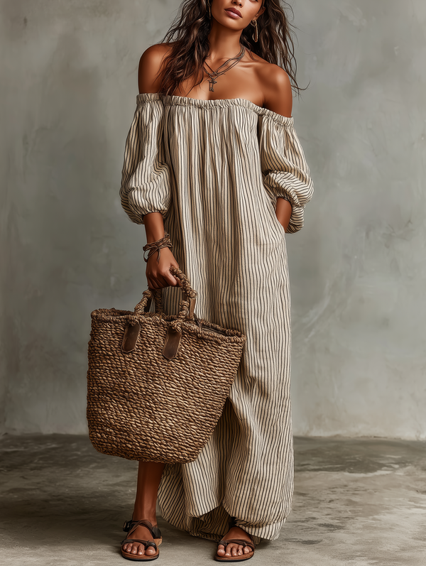 Women's Cotton Linen Off-Shoulder Maxi Dress Long Sleeve Vacation