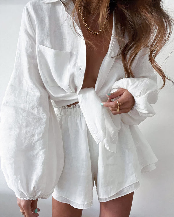 Women's Linen Set Balloon Sleeves and Shorts Summer