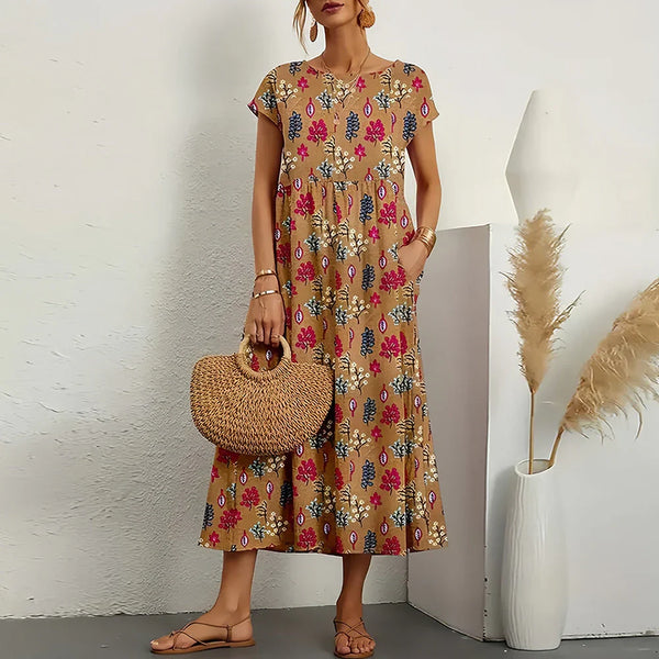 Women's Cotton Linen Midi Dress Casual Relaxed