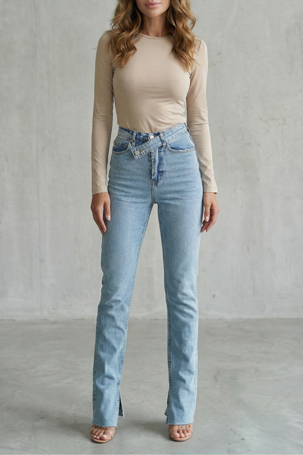 Women's Straight Leg Jeans, Cross Waist High Rise Split Hem
