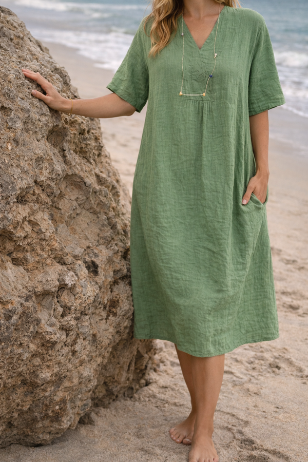 Women's Linen Midi Dress V-Neck Short Sleeve Side Pockets