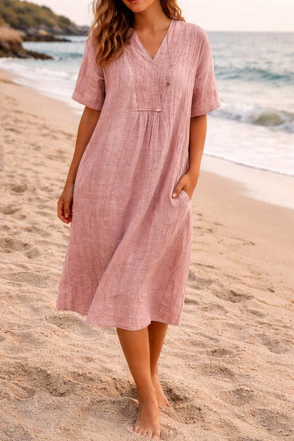 Women's Linen Midi Dress V-Neck Short Sleeve Side Pockets