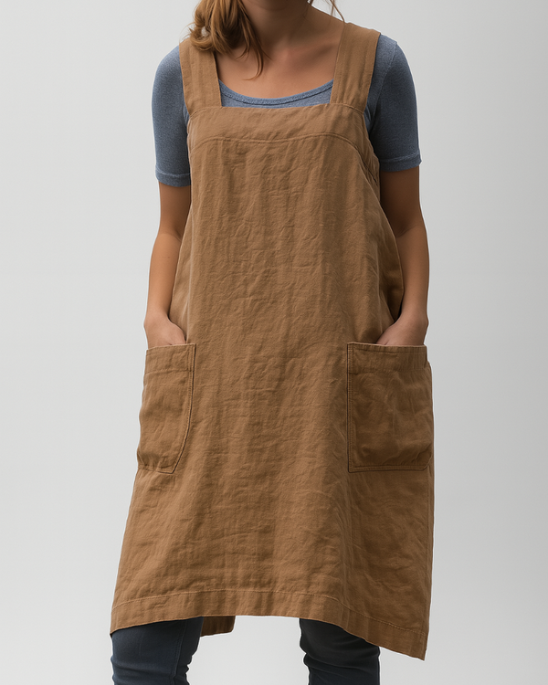 Women's Cotton Linen Apron Dress with Pockets