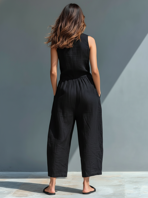 Linen Blend Sleeveless Jumpsuit with Button-Up Stand Collar