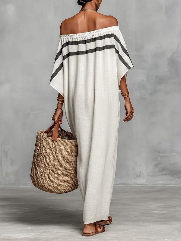 Women's Linen Blend Off-Shoulder Maxi Dress Batwing Sleeve Straight Cut