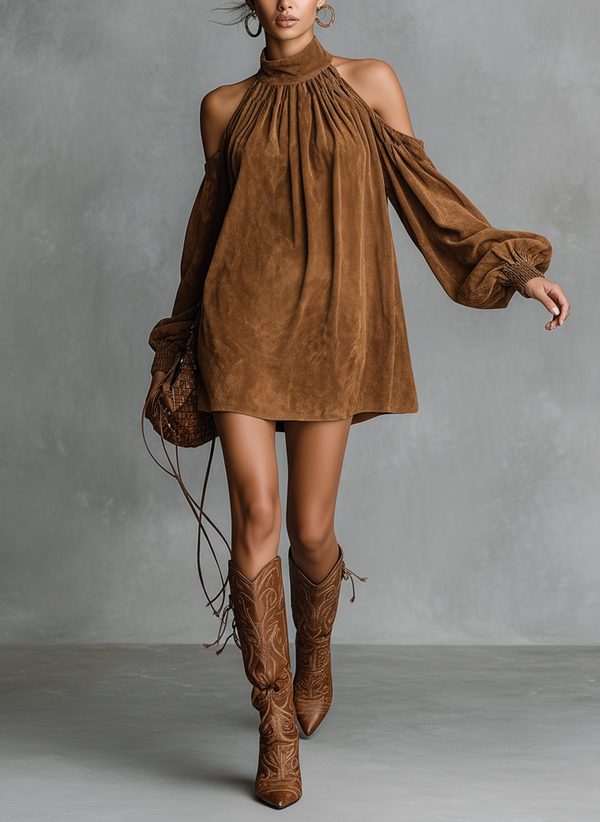 Women's Faux Suede Halter Neck Mini Dress Lantern Sleeve Loose Fit