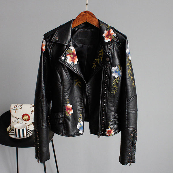 Women's Embroidered Moto Jacket with Floral Details