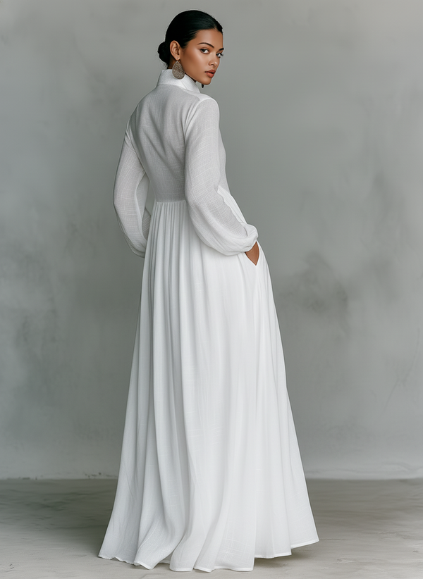 Cotton Linen Patchwork Single-Breasted Stand Collar Long Sleeve Maxi Dress