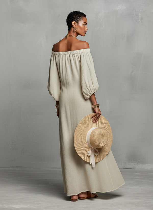 Women's Off-Shoulder Maxi Dress Embroidered Three Quarter Sleeve