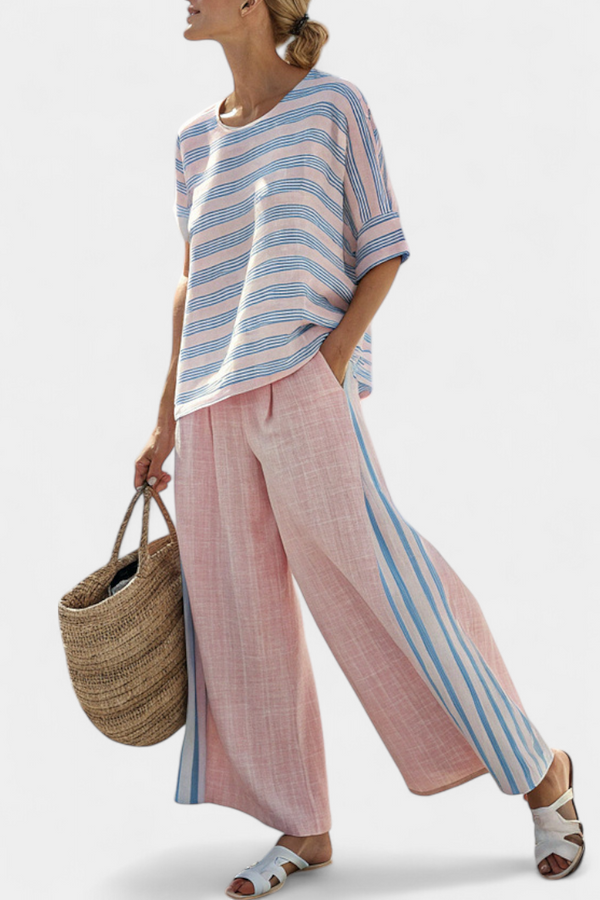 Linen Blouse and Soft Pants Set Pink Blue Relaxed