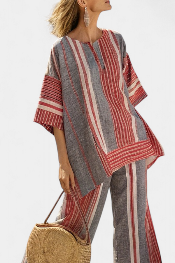 Linen Top and Wide-Leg Pants Set Coral Gray Relaxed