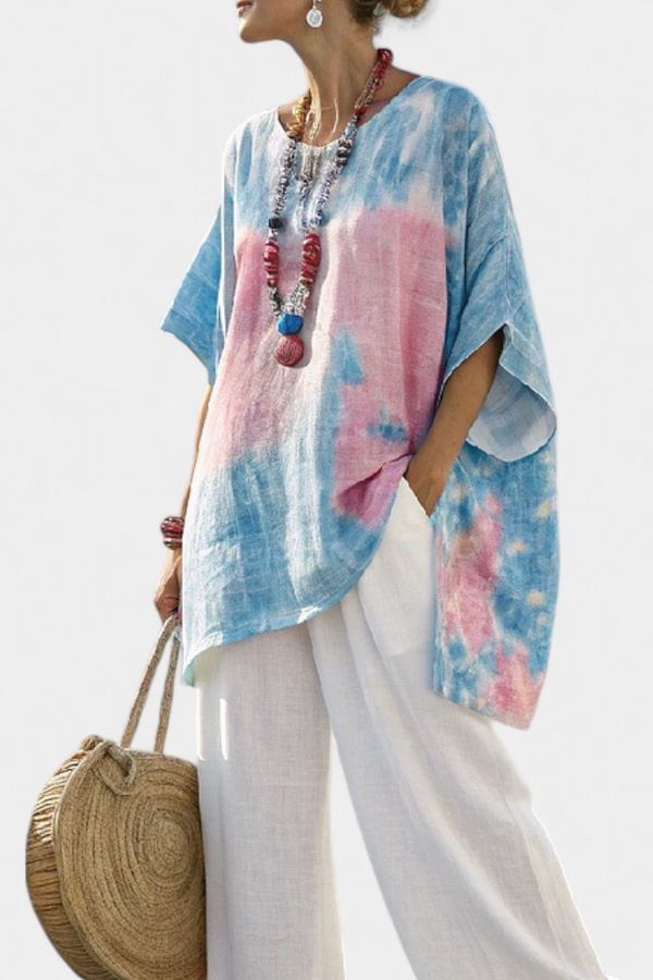 Linen Top and Striped Pants Set Relaxed Casual