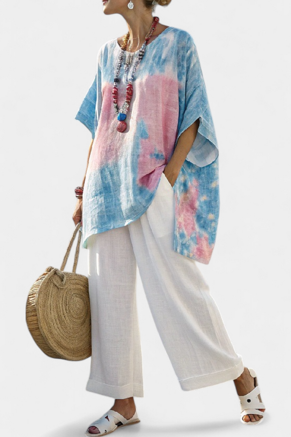 Linen Top and Striped Pants Set Relaxed Casual