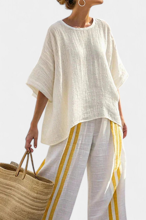 Yellow Striped Linen Top and Wide-Leg Pants Set