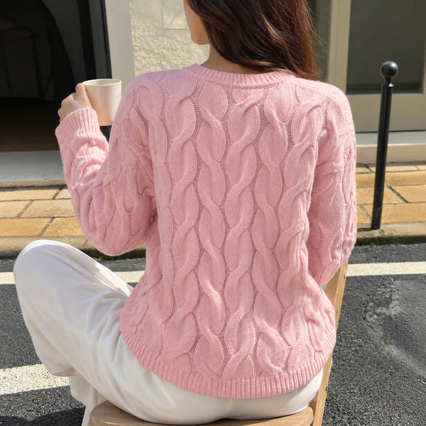 Women's Cable Knit Jumper, Chunky Crew Neck Relaxed Fit