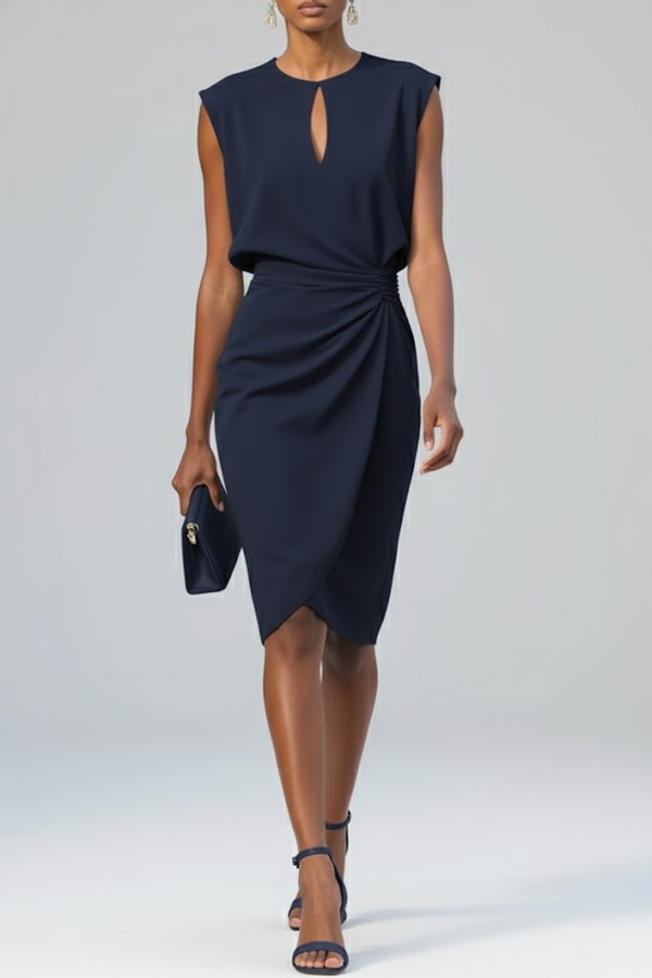 Midi Cocktail Dress Keyhole Neck Ruched Waist Elegant