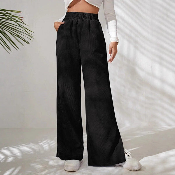 Women's Corduroy Trousers, Wide Leg Elastic Waist with Side Slit