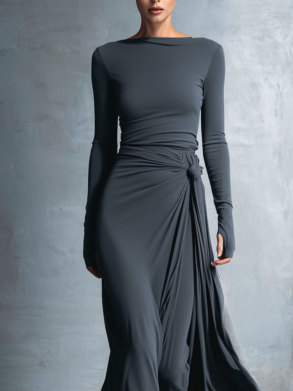 Women's Gray Wrap Maxi Dress Knotted Stretch Blend