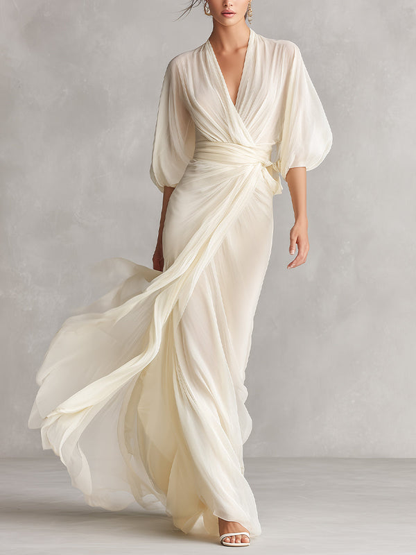 Women's Ivory Sheer Chiffon Dress Puff Sleeves Wrap Detail
