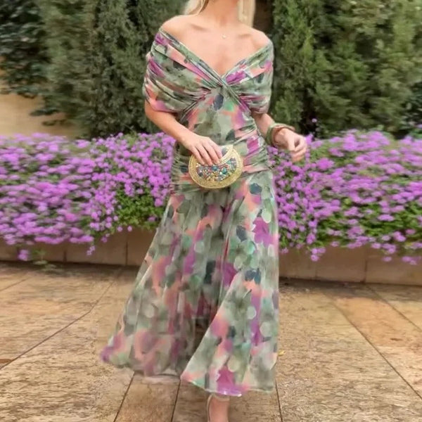 Chiffon Off-Shoulder Midi Dress Ruched Twist Front