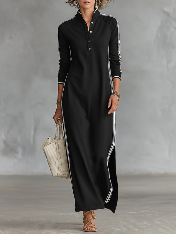 White-Trim Button-Down Collar Sweatshirt Maxi Dress