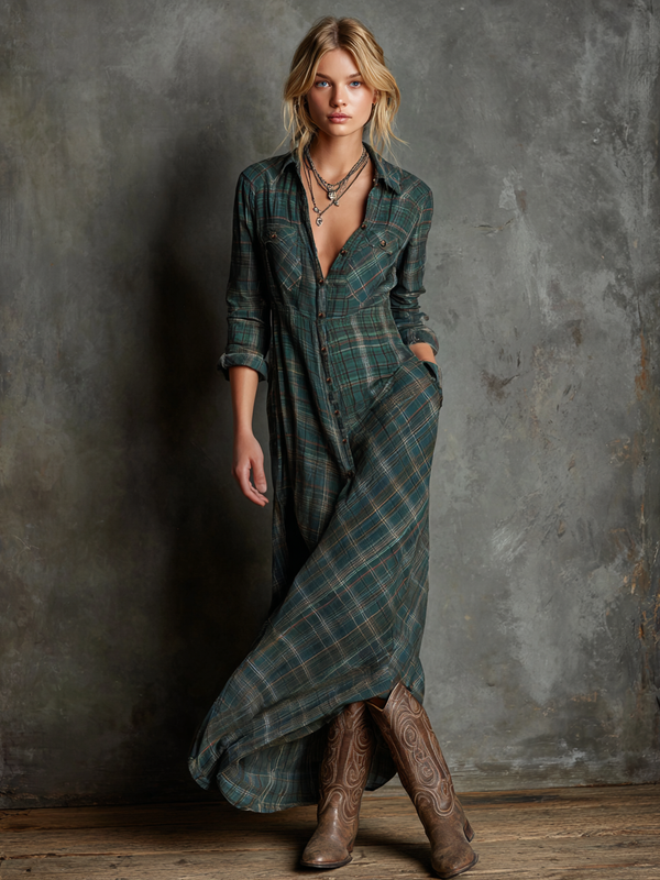 Plaid Lapel Single-Breasted Shirt Maxi Dress