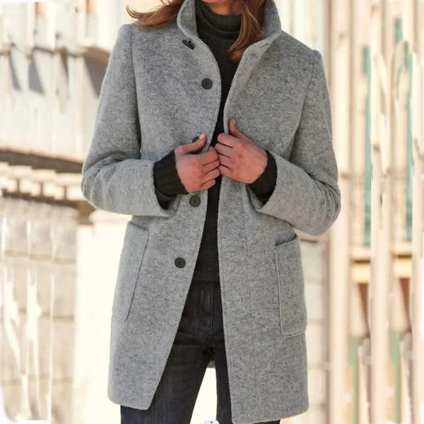 Button-Front Round Neck Wool Blend Coat for Women