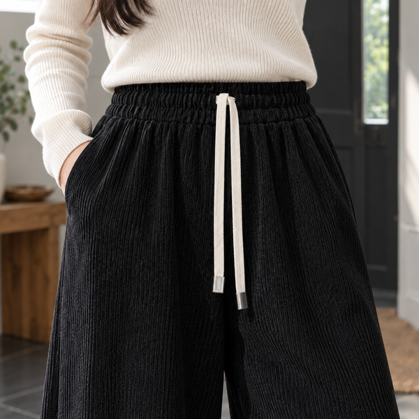 Women's Wide Leg Trousers, Ribbed Drawstring Waist