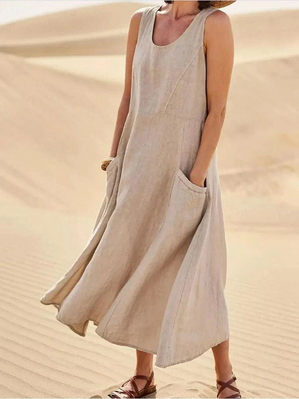 Women's Linen Maxi Dress Sleeveless with Side Pockets