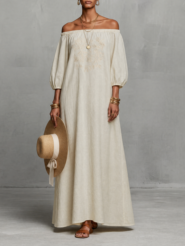 Women's Off-Shoulder Maxi Dress Embroidered Three Quarter Sleeve