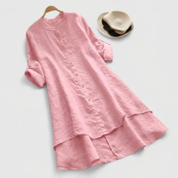 Linen Shirt Dress Button-Down Layered Hem Relaxed