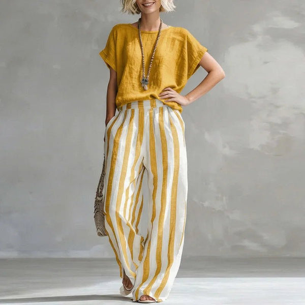 Two Piece Linen Set Short Sleeve Top Wide Leg Pants