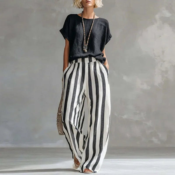 Two Piece Linen Set Short Sleeve Top Wide Leg Pants